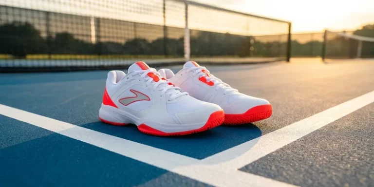 Court shoes for pickleball on an outdoor court baseline