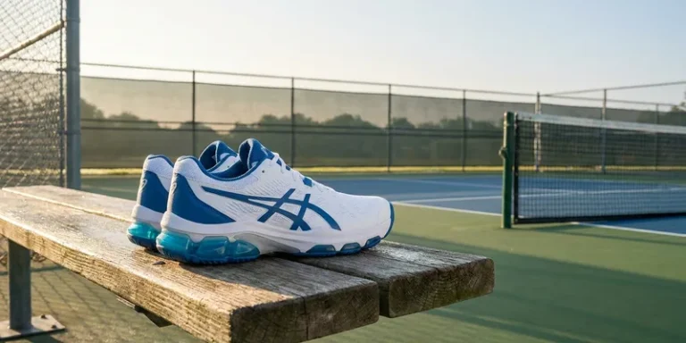 Stability court shoes on a bench beside a pickleball court