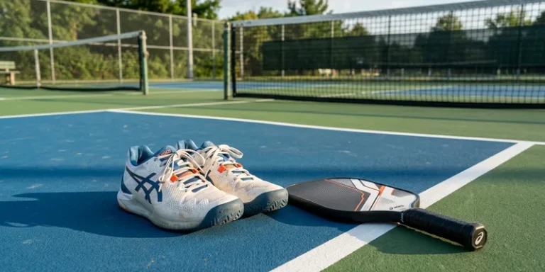 pair of court shoes (asics pickleball shoes) beside a pickleball paddle on an outdoor court