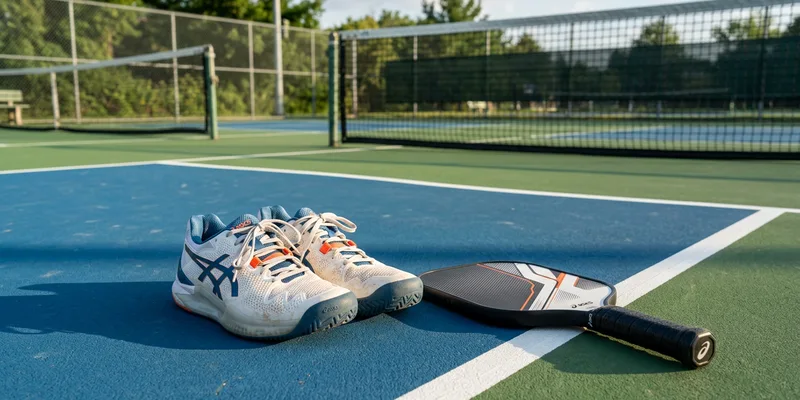 pair of court shoes (asics pickleball shoes) beside a pickleball paddle on an outdoor court