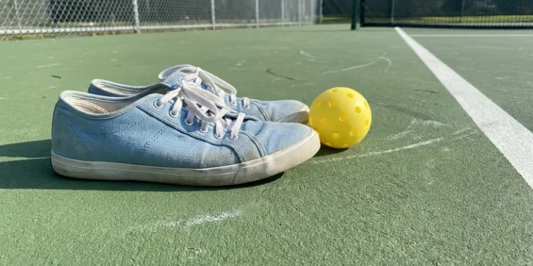 Light blue court shoes next to a pickleball on the court