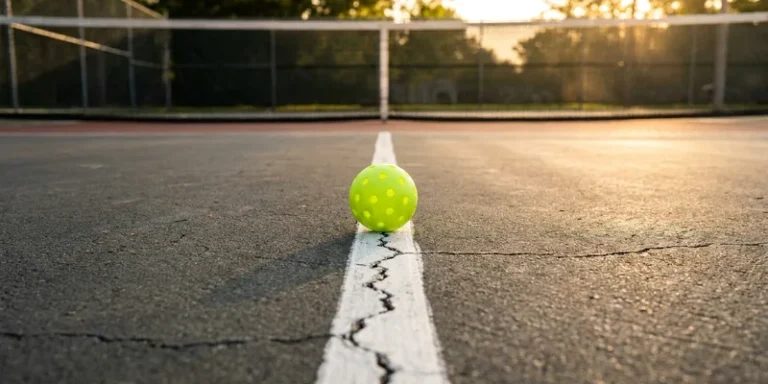 pickleball resting on the center line of an outdoor court