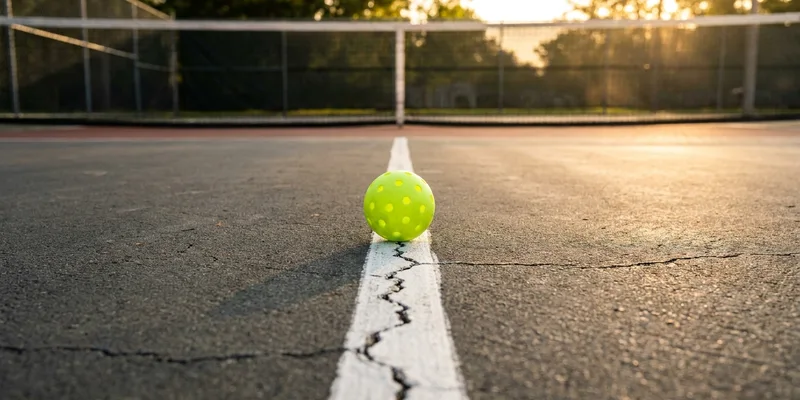 pickleball resting on the center line of an outdoor court