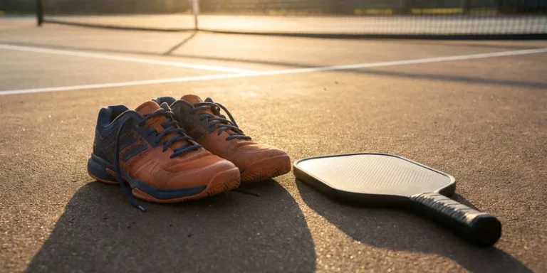 pair of court shoes (best pickleball shoes) beside a pickleball paddle on an outdoor court