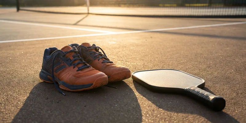pair of court shoes (best pickleball shoes) beside a pickleball paddle on an outdoor court
