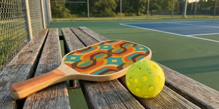 Pickleball paddle with bold retro-patterned face on a court bench