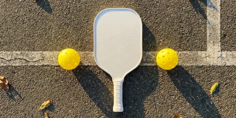 Affordable fiberglass pickleball paddle with two balls, seen from above