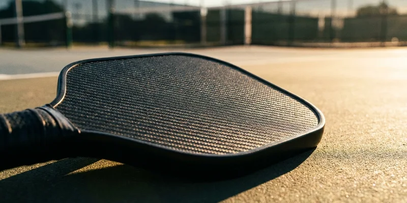 black carbon fiber pickleball paddle close-up with textured surface
