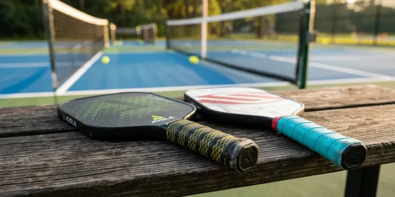 two pickleball paddles with different grip wraps side by side on a bench