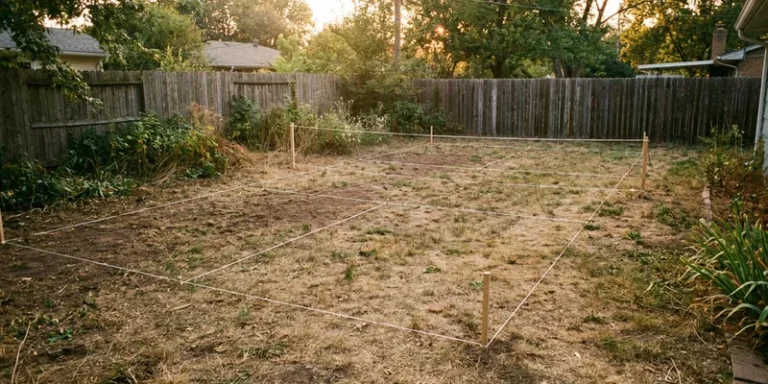 empty backyard plot marked out with string lines for a new pickleball court