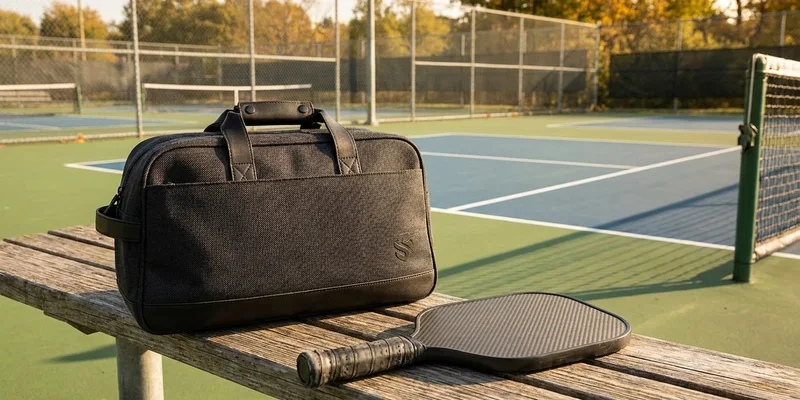 stylish crbn pickleball bag on a courtside bench, pickleball paddle beside it