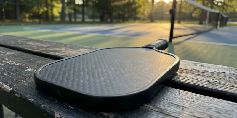matte black carbon fiber pickleball paddle close-up on a dark bench