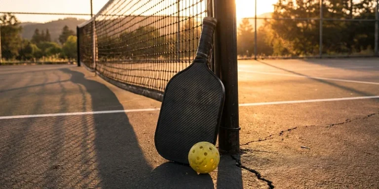 Carbon fiber pickleball paddle leaning against a net post at golden hour