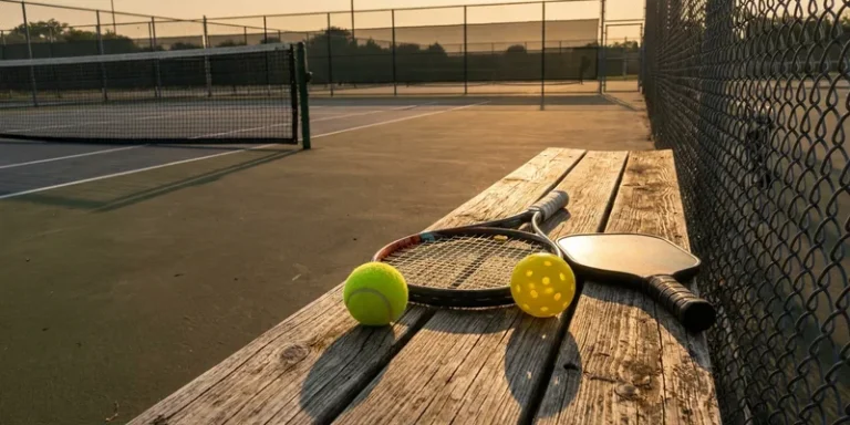 tennis ball and pickleball next to their rackets on a court bench