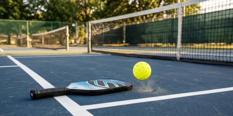 pickleball bouncing on the court surface next to a paddle at the baseline