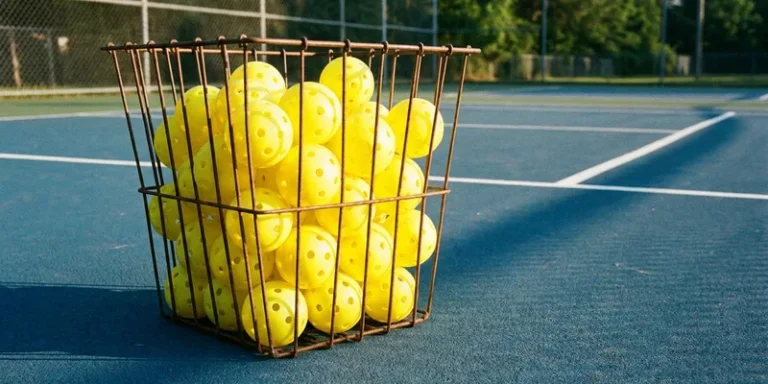 Basket of yellow outdoor pickleball balls on the court