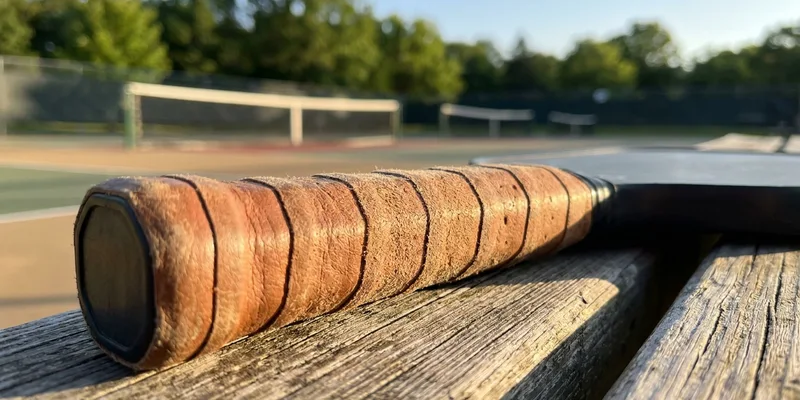 close-up of a pickleball paddle handle with overgrip on a court bench