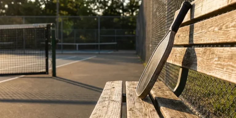 Elongated pickleball paddle in side profile on a courtside bench
