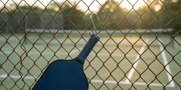 Dark blue pickleball paddle hanging on a chain-link fence