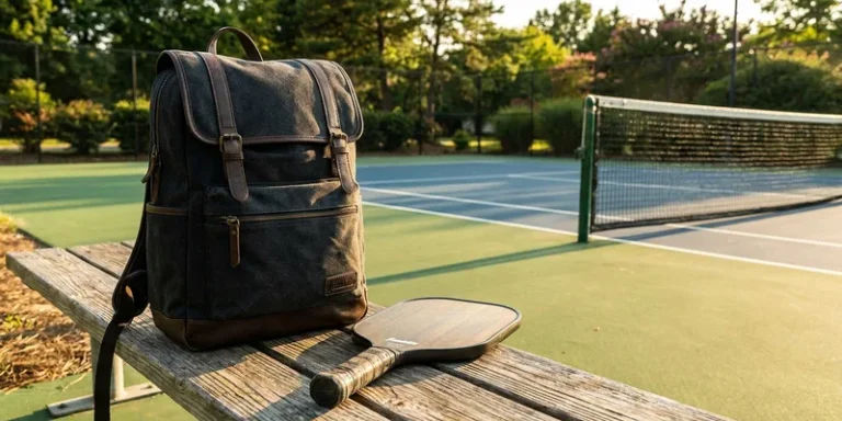 stylish franklin pickleball bag on a courtside bench, pickleball paddle beside it