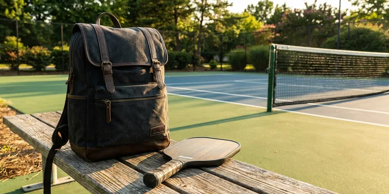 stylish franklin pickleball bag on a courtside bench, pickleball paddle beside it