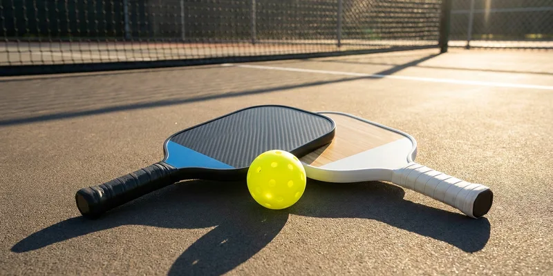 two modern pickleball paddles and a bright ball on a court surface