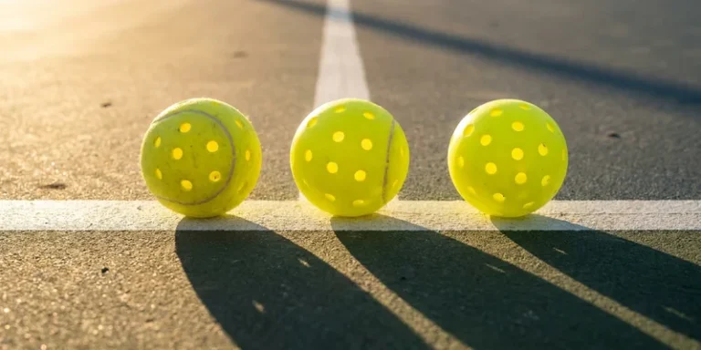 Three optic yellow pickleballs lined up on the court line