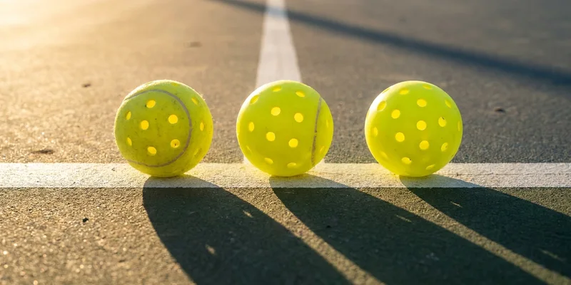 Three optic yellow pickleballs lined up on the court line