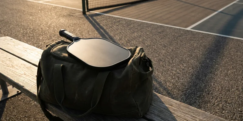 Matte black pickleball paddle on a sports bag, overhead view