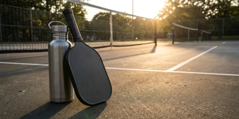 Edgeless carbon pickleball paddle propped against a water bottle