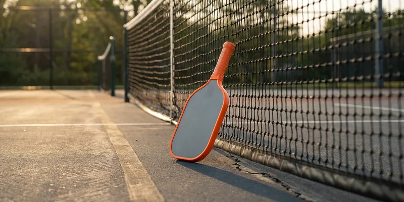 Orange and grey pickleball paddle leaning against the net