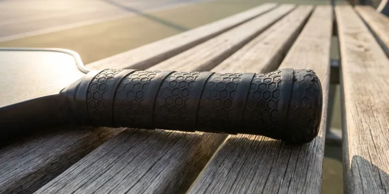 Pickleball paddle handle with hexagonal textured undergrip on a court bench