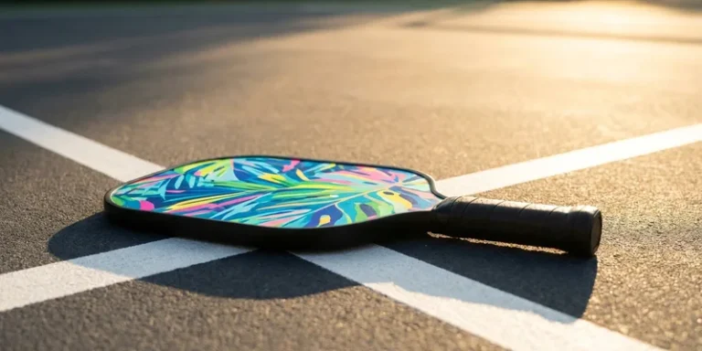 Elongated carbon fiber pickleball paddle with tropical artwork on an outdoor court