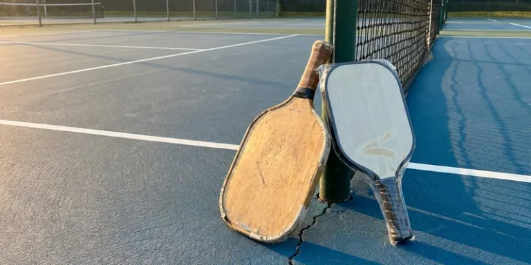 worn pickleball paddle with scuffed edge guard next to a new paddle