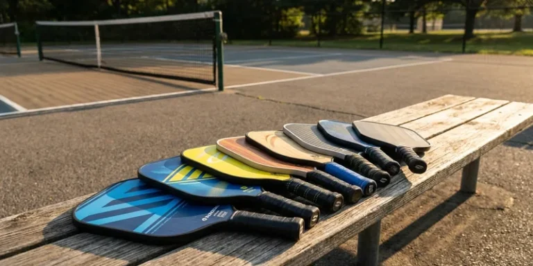 several different pickleball paddles fanned out on a court bench