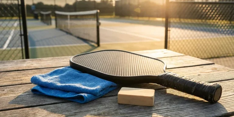 Microfiber cloth and eraser beside a pickleball paddle for cleaning