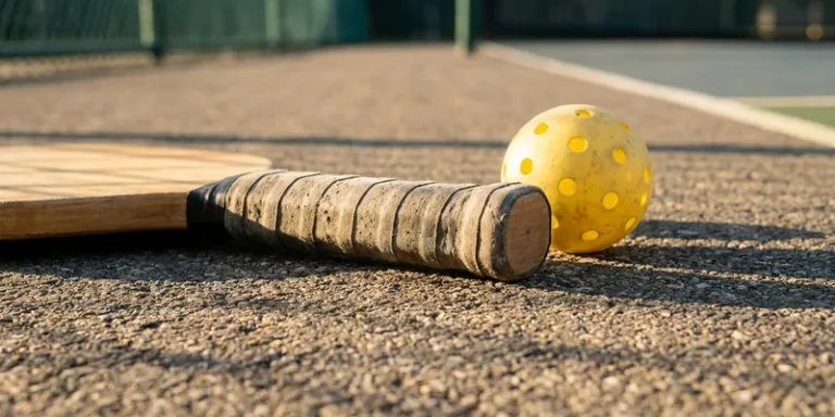 pickleball paddle handle close-up with textured grip tape, ball beside it