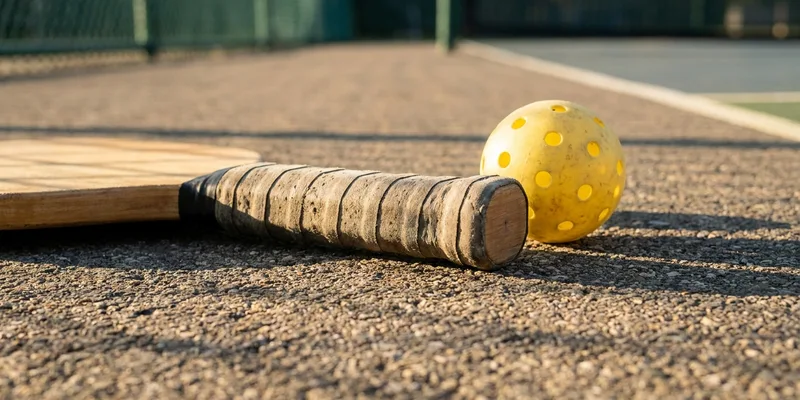 pickleball paddle handle close-up with textured grip tape, ball beside it