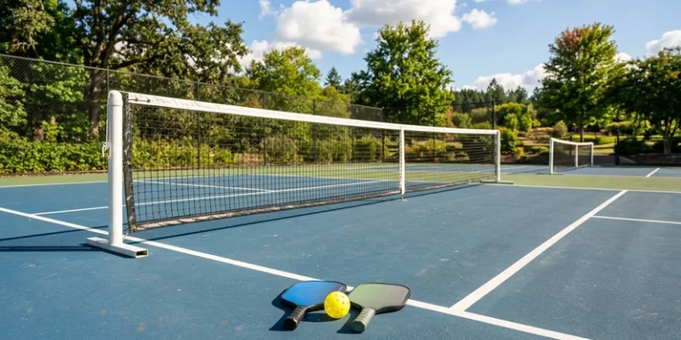 sunny pickleball court with net, two paddles and a ball ready for play