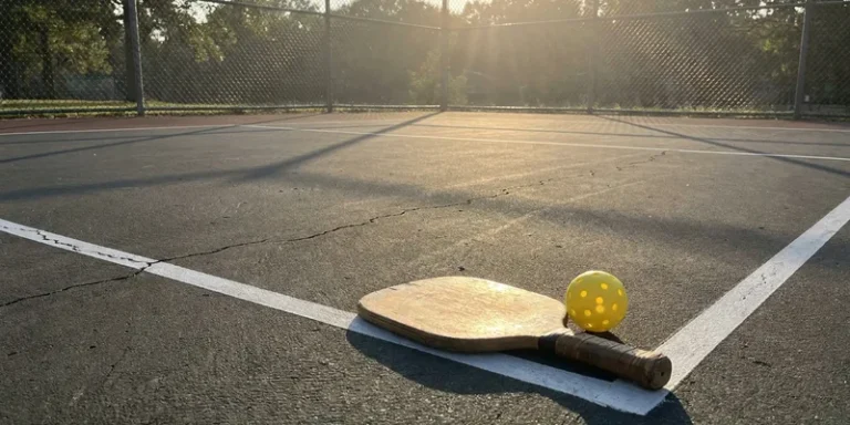 pickleball paddle and ball placed at the baseline of an outdoor court