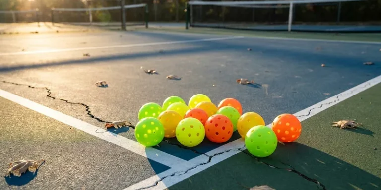 bright pickleball balls (indoor pickleball balls) grouped on a court surface