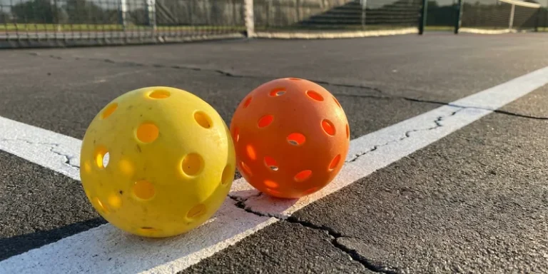 two pickleball balls with different hole patterns side by side on a line