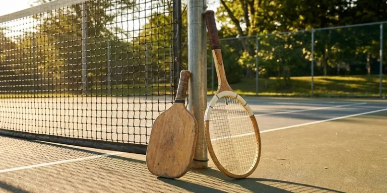 pickleball paddle and tennis racket leaning against a net post