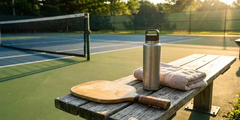 pickleball paddle, water bottle and towel on a sunny court bench