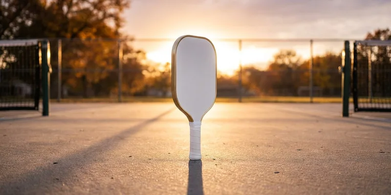 White pickleball paddle with gold accents standing on the court