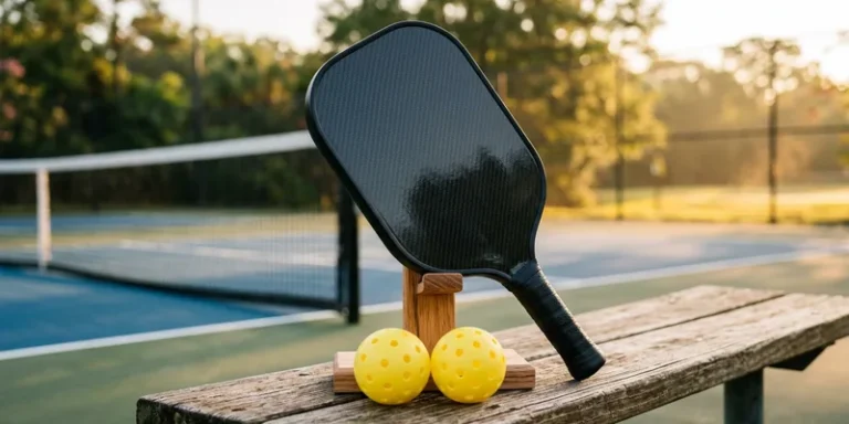 Premium black carbon pickleball paddle on a display stand