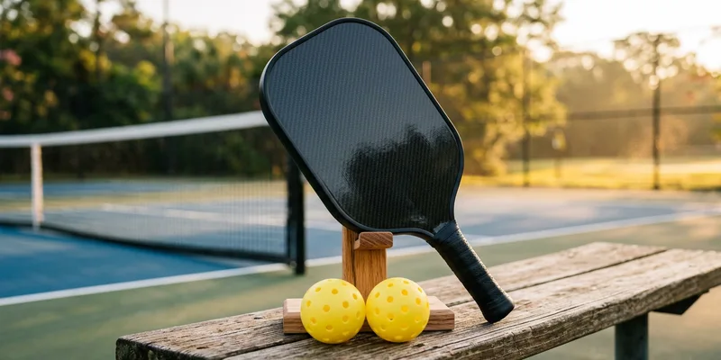 Premium black carbon pickleball paddle on a display stand