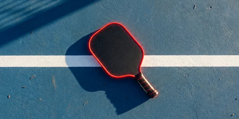 Dark pickleball paddle with red trim on the baseline, overhead view