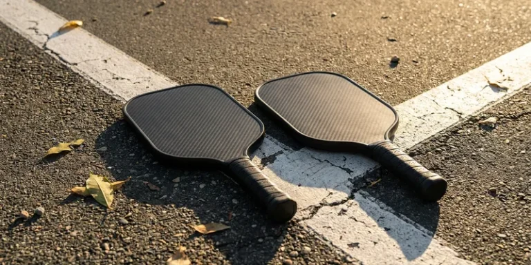 Two carbon fiber pickleball paddles side by side on an outdoor court line