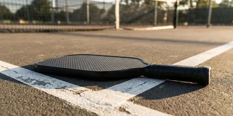 sleek black carbon pickleball paddle close-up at the baseline of a court